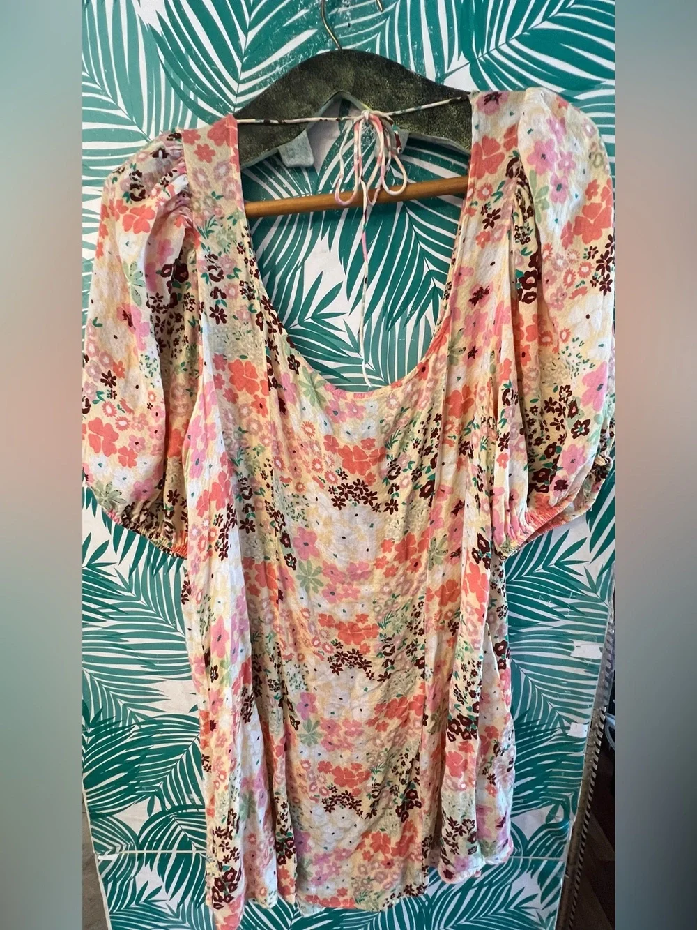 Free People Callie Floral Button-Front Tunic in Pink & Cream w/ puff sleeves XL
